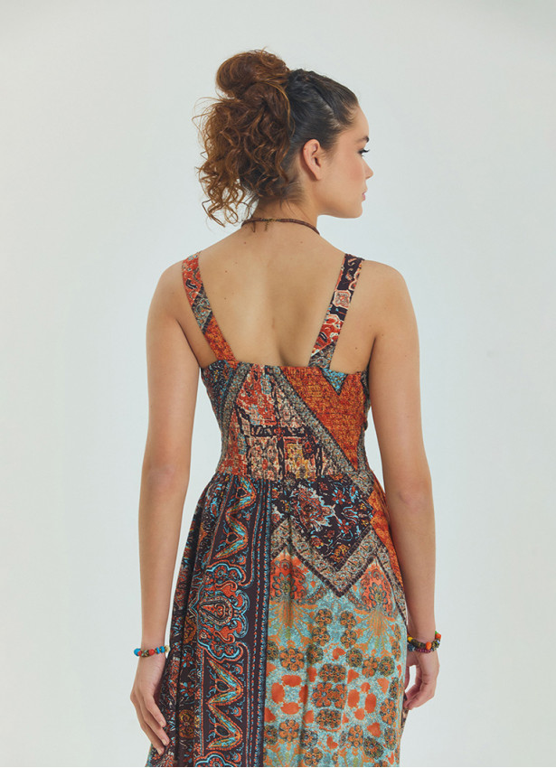 V Neck Robe Coffee Patterned Long Dress 4558